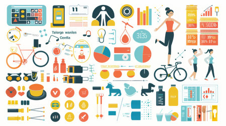 A lifestyle infographic showing fitness trends, nutrition tips, and wellness statistics with colorful icons and illustrations.の素材