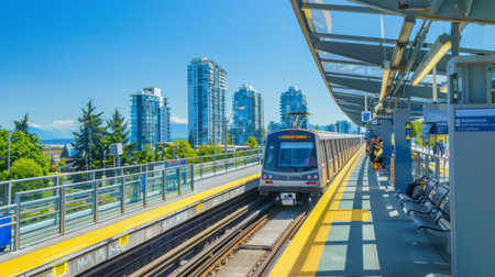 A skytrain approaching an elevated station platform with commuters waiting to board, clear blue sky.の素材