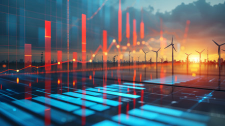 A sustainability impact assessment with bar charts illustrating carbon emissions reduction and renewable energy usage.の素材