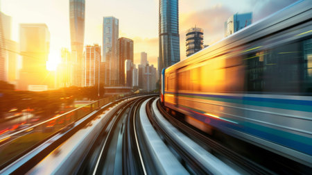 A modern skytrain speeding through an urban landscape with skyscrapers in the background during sunsetの素材