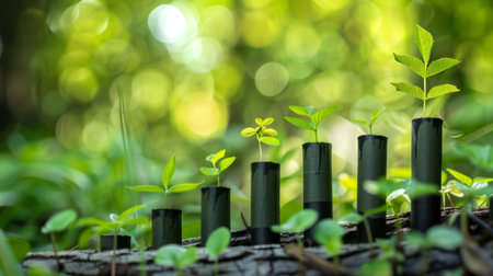 A sustainability impact assessment with bar charts illustrating carbon emissions reduction and renewable energy usage.の素材