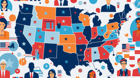 A politics infographic analyzing election results with electoral maps, voter demographics, and candidate profiles.の素材