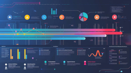 A project management infographic tracking milestones and timelines with progress bars and completion percentages.の素材