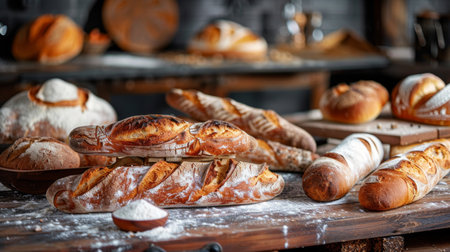 A rustic display of freshly baked bread loaves, baguettes, and rolls on a wooden table with flour scattered around.の素材