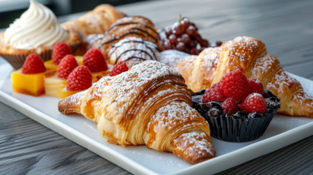A selection of French pastries including croissants, pain au chocolat, and fruit tarts served on a white porcelain plate.の素材