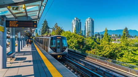 A skytrain approaching an elevated station platform with commuters waiting to board, clear blue sky.の素材