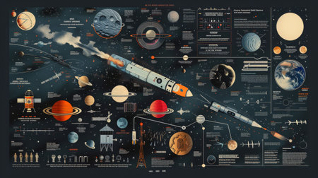 A science and technology infographic explaining space exploration milestones, scientific discoveries, and cosmic phenomena.の素材