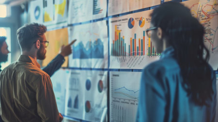 A technology startup team brainstorming product development ideas, with a whiteboard covered in growth projection graphs and market analysis.の素材