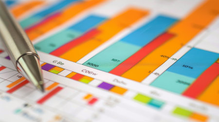 An economic analysis charting GDP growth and economic indicators with color-coded bar charts and historical trends.の素材