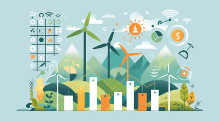 An environmental infographic highlighting renewable energy sources with illustrations and statistical bar graphs.の素材