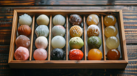 Assorted Japanese mochi balls in different flavors and colors, arranged neatly on a traditional wooden tray.の素材