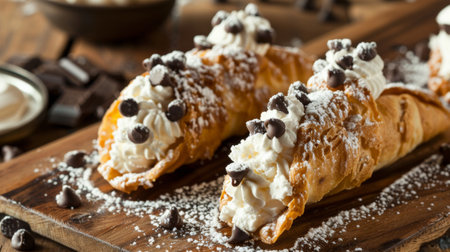 Delicious Italian cannoli pastries filled with sweet ricotta cheese and chocolate chips, garnished with powdered sugar.の素材