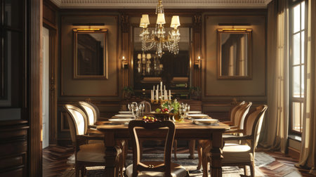 Dining room interior with a wooden dining table, chairs, and elegant chandelier hanging above, ready for a family meal.の素材