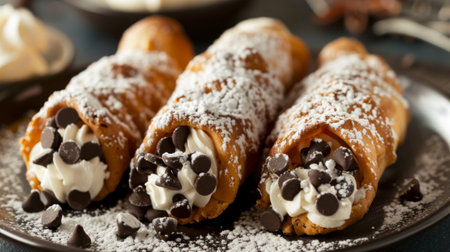 Delicious Italian cannoli pastries filled with sweet ricotta cheese and chocolate chips, garnished with powdered sugar.の素材