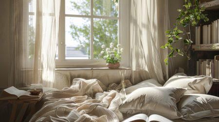 Cozy reading nook by the window with light linen curtains, perfect for relaxation and enjoying a book on a rainy day.の素材