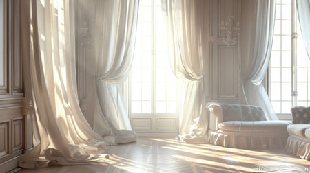 Elegant silk curtains in a luxurious living room, gently swaying in a breeze with soft sunlight filtering through.の素材