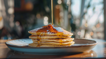 Close-up of a stack of freshly made pancakes with maple syrup pouring over them, served on a vintage ceramic plate.の素材