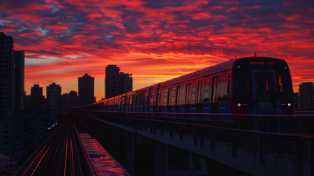 Sunset silhouette of a skytrain on elevated tracks with colorful sky in the background, urban skyline.の素材
