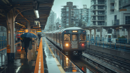 Skytrain pulling into a station platform, commuters disembarking and boarding with umbrellas on a rainy day.の素材
