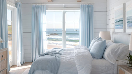Coastal cottage bedroom with light blue curtains, providing a serene backdrop to the sound of crashing waves outside.の素材