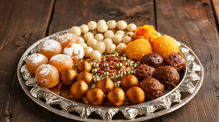 Traditional Indian sweets including ladoos, gulab jamun, and jalebi arranged on a decorative silver platter.の素材