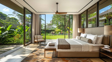 Spacious bedroom interior with a king-size bed, bedside tables, and a panoramic view of a lush green backyard garden.の素材