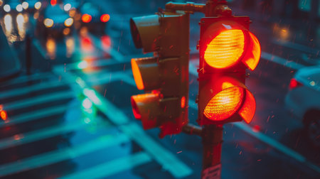 Traffic lights synchronized with crosswalk signals at a busy urban intersection.の素材