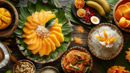 Traditional Thai desserts in a vibrant assortment, featuring mango sticky rice, coconut pancakes, and golden threads.の素材