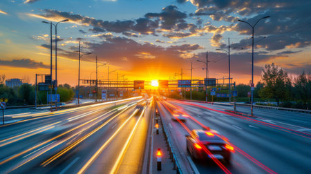 Traffic lights at a highway intersection during sunset with vehicles moving in different directions.の素材