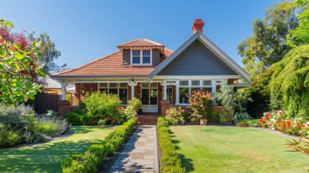 Exterior of a charming suburban house with a well-manicured garden and a clear blue sky backgroundの素材