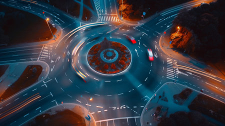 Traffic lights at a roundabout guiding cars through the circular intersection smoothly.の素材
