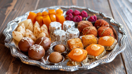 Traditional Indian sweets including ladoos, gulab jamun, and jalebi arranged on a decorative silver platter.の素材