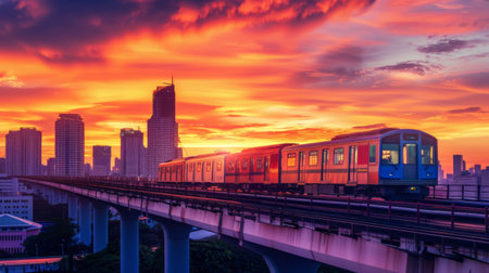 Sunset silhouette of a skytrain on elevated tracks with colorful sky in the background, urban skyline.の素材