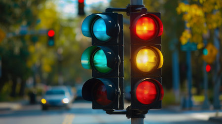 Traffic lights in a suburban neighborhood regulating vehicles near a school zone.の素材