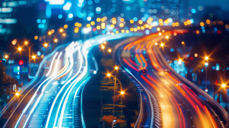 Night view of illuminated traffic lights against a cityscape with streaks of passing car lightsの素材