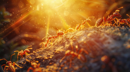 Close-up of ants marching towards a beam of sunlight, symbolizing their quest for warmth and energy.の素材