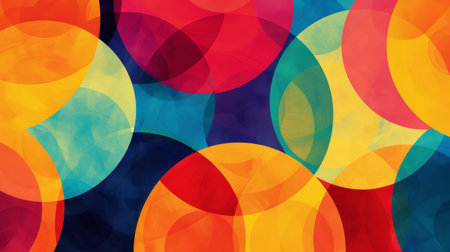 An abstract background with bold, overlapping circles in a rainbow of colors.の素材