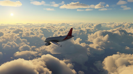 A passenger airplane cruising above fluffy white clouds, en route to its destination.の素材