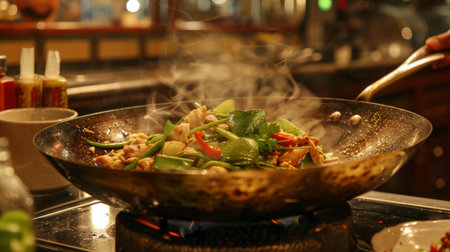 A Thai brass wok, or "kawng," sizzling with stir-fried vegetables and meats, emitting mouthwatering smells.の素材