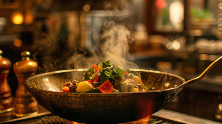 A Thai brass wok, or "kawng," sizzling with stir-fried vegetables and meats, emitting mouthwatering smells.の素材