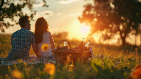 A young couple enjoying a romantic sunset picnic with a basket filled with snacks and water bottles.の素材