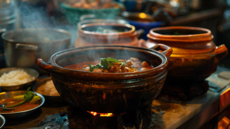 A Thai clay pot, or "dtao," simmering with fragrant soup or curry, releasing tantalizing aromas.の素材