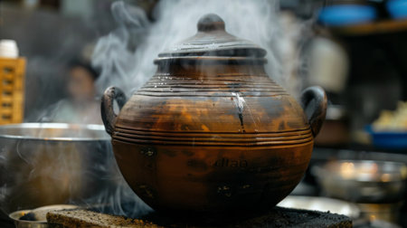 A Thai clay pot, or "dtao," simmering with fragrant soup or curry, releasing tantalizing aromas.の素材