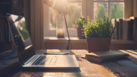 A tidy work desk with a laptop, notebook, and potted plant, bathed in soft morning lightの素材