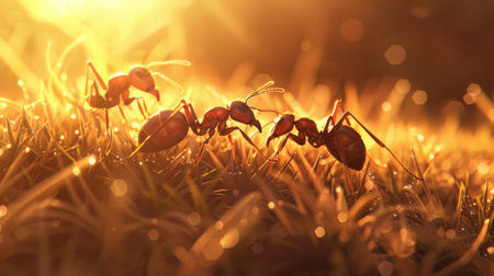 Ants exploring a sunlit patch of grass, basking in the warmth and soaking up the light.の素材