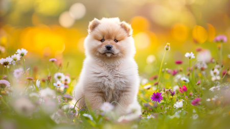A fluffy puppy sitting in a meadow, surrounded by colorful wildflowers, with a happy and curious expression.の素材