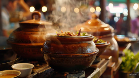 A Thai clay pot, or "dtao," simmering with fragrant soup or curry, releasing tantalizing aromas.の素材