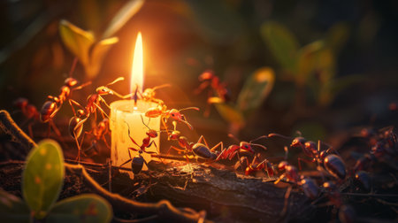 Ants congregating around a flickering candle flame, drawn to the warmth and illumination on a cool evening.の素材