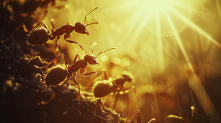 Silhouette of ants against a backdrop of radiant sunlight, showcasing their industrious nature in the light.の素材