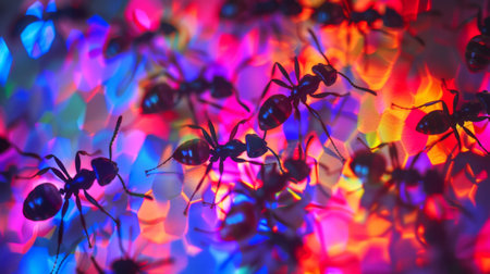 Ants crawling on a luminous LED screen, their movements creating dynamic patterns against the glowing backdrop.の素材